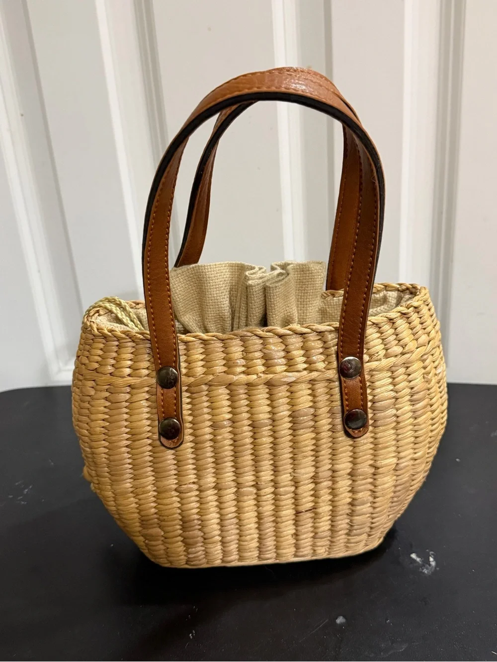 Natural Woven Tote with Brown Leather Handles